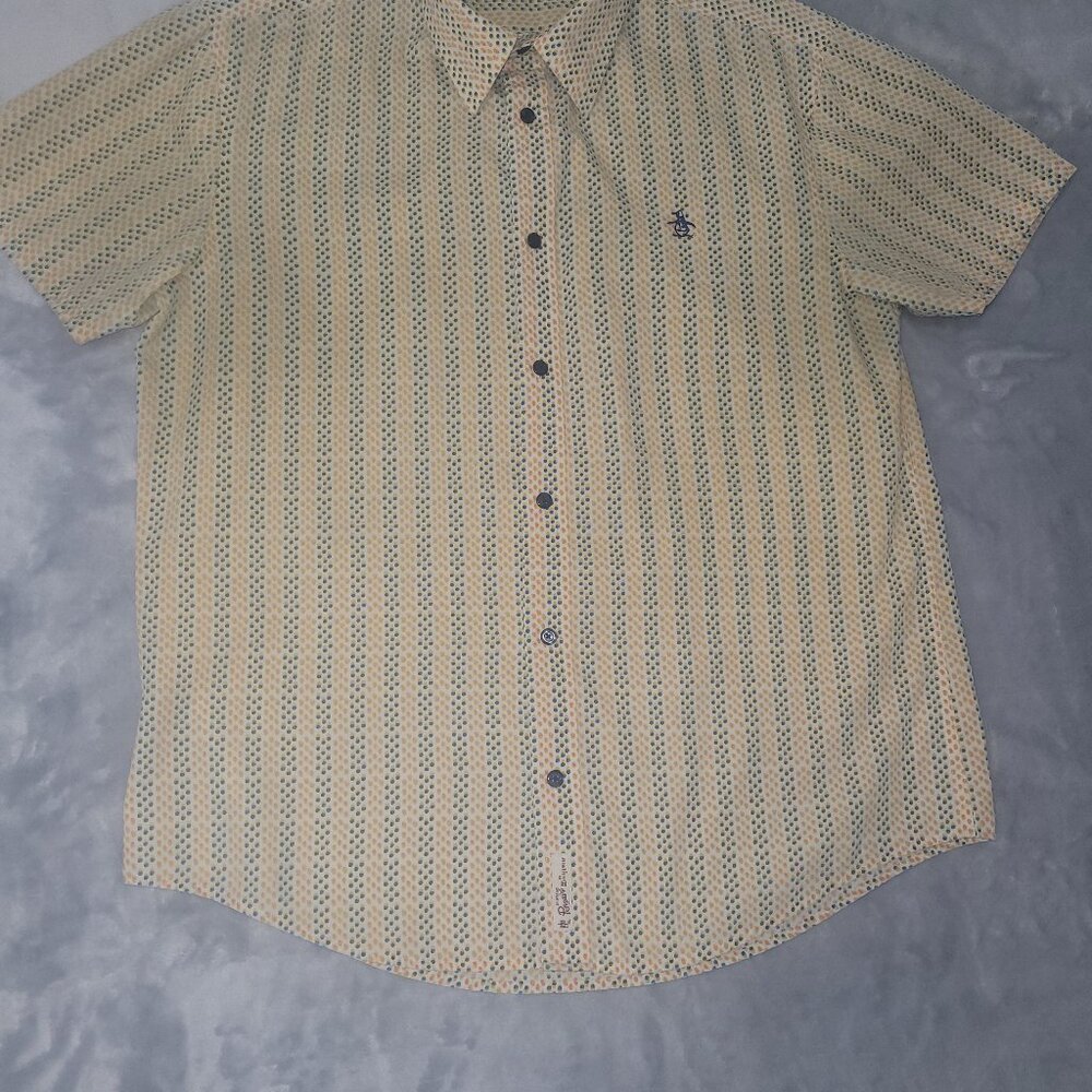 Penguin Munsingwear Men's Short Sleeve Shirt Classic Fit Large, Blue Gold Dots
